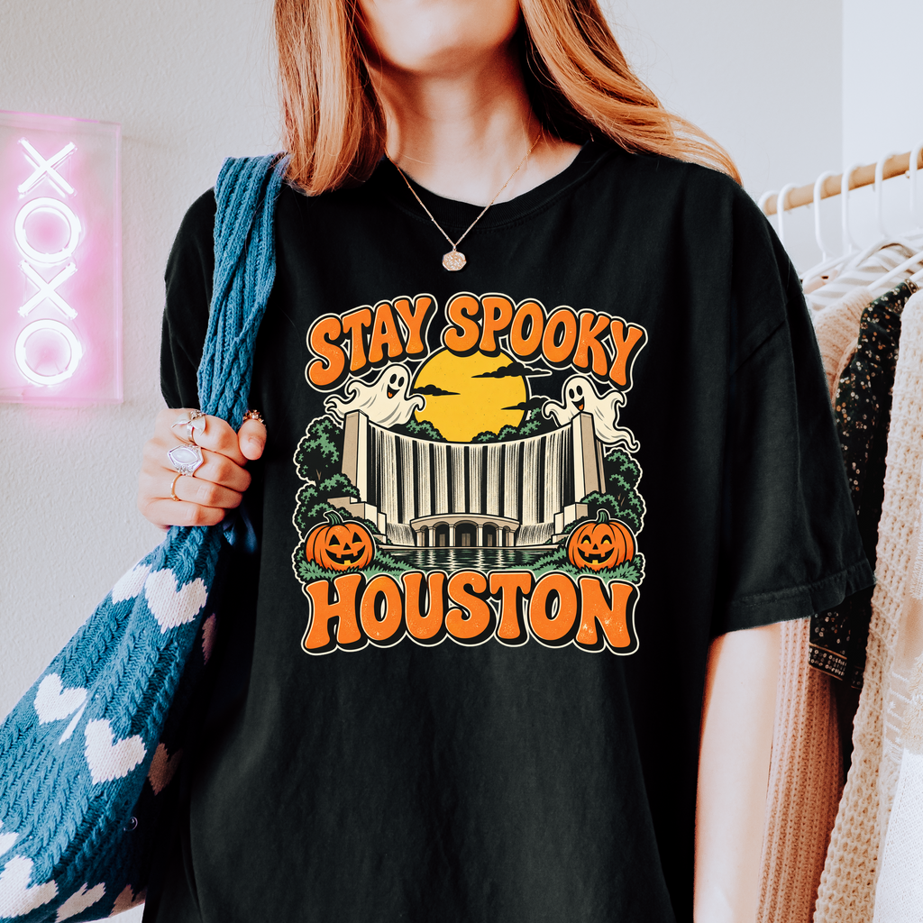 Houston Halloween T-Shirt, Gerald D. Hines Waterwall, Retro Ghost and Pumpkin Art, Comfort Colors Texas Souvenir