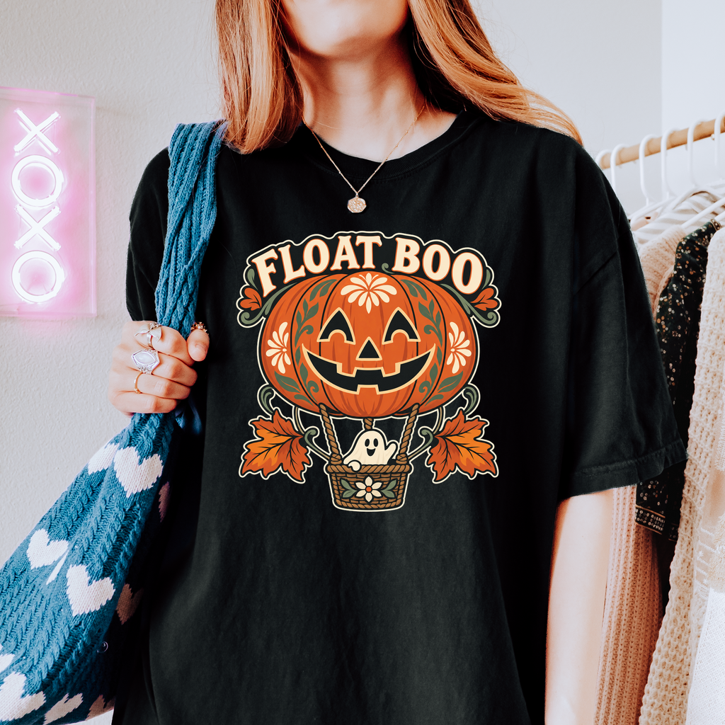 Pumpkin Hot Air Balloon Halloween T-Shirt, Friendly Ghost Basket, Folk Art Spooky Season, Comfort Colors