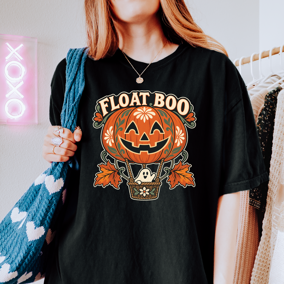 Pumpkin Hot Air Balloon Halloween T-Shirt, Friendly Ghost Basket, Folk Art Spooky Season, Comfort Colors