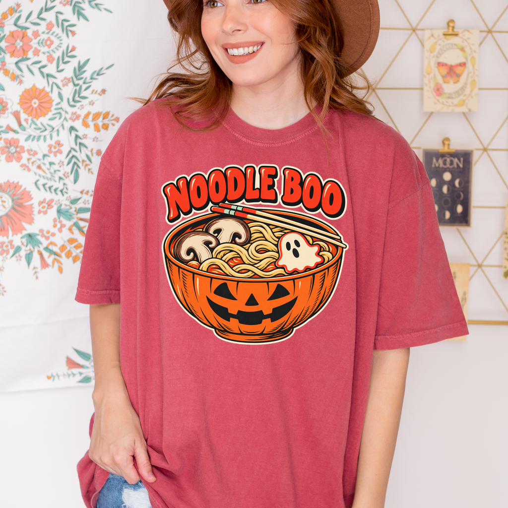Pumpkin Ramen Halloween T-Shirt, Noodle Boo Jack-o-Lantern Bowl, Retro Diner Ghost Fish Cake, Comfort Colors