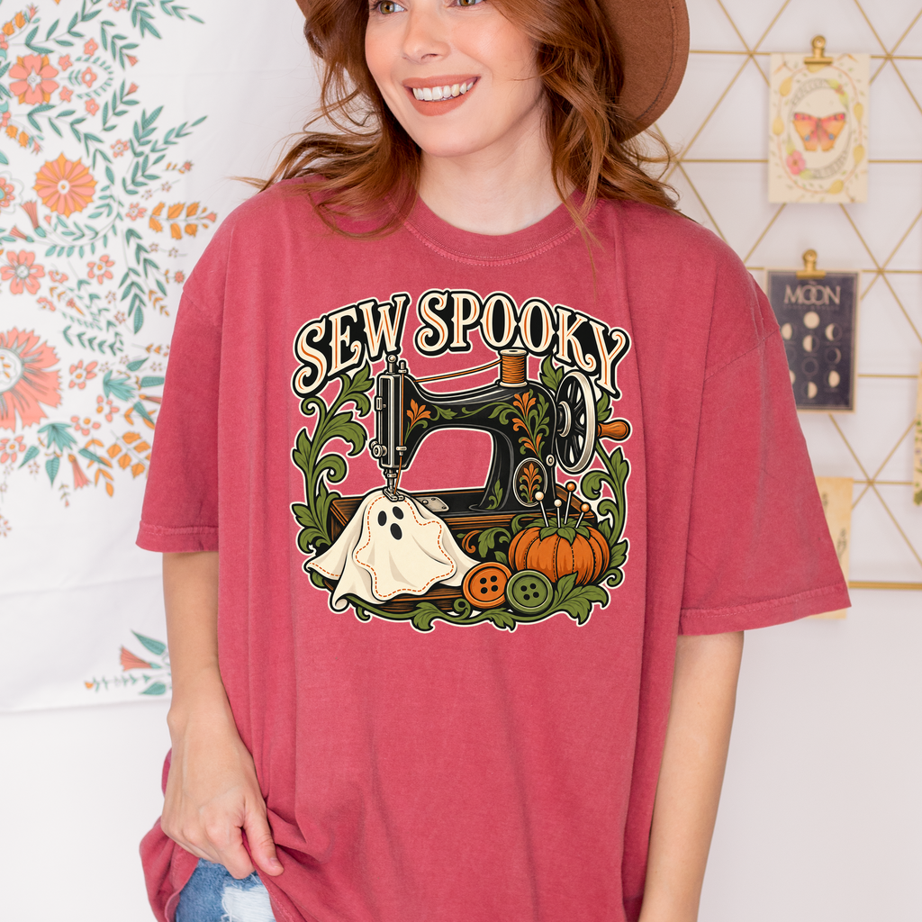 Sewing Machine Halloween T-Shirt, Sew Spooky Ghost Patch, Art Nouveau Pumpkin Design, Comfort Colors