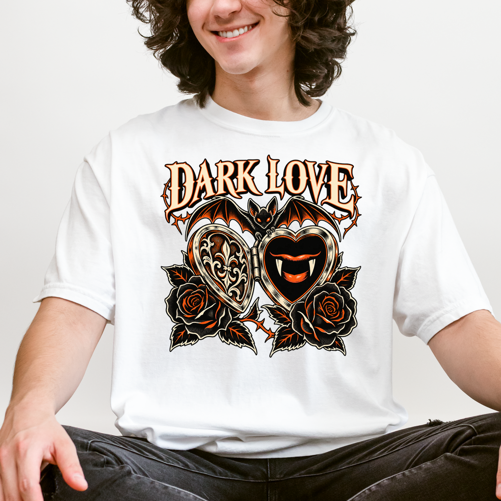 Vampire Heart Locket Halloween T-Shirt, Dark Love Gothic Woodcut, Bat and Black Roses, Comfort Colors