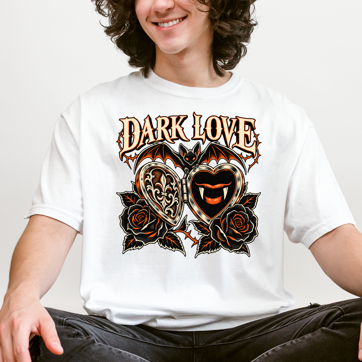Vampire Heart Locket Halloween T-Shirt, Dark Love Gothic Woodcut, Bat and Black Roses, Comfort Colors