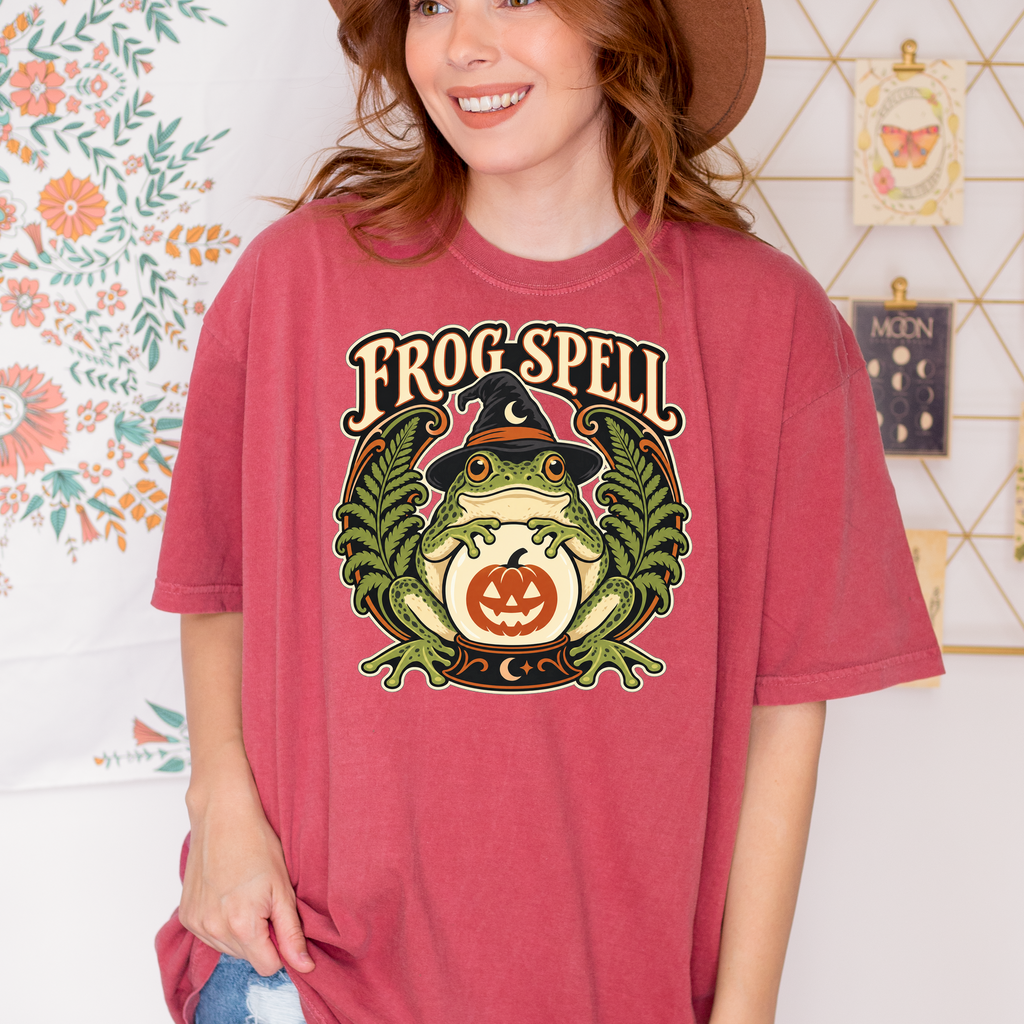 Frog Halloween T-Shirt, Fortune Teller Crystal Ball and Pumpkin, Art Nouveau Botanical Comfort Colors