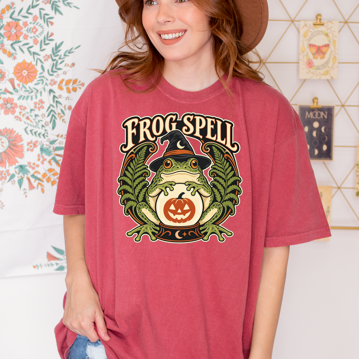 Frog Halloween T-Shirt, Fortune Teller Crystal Ball and Pumpkin, Art Nouveau Botanical Comfort Colors