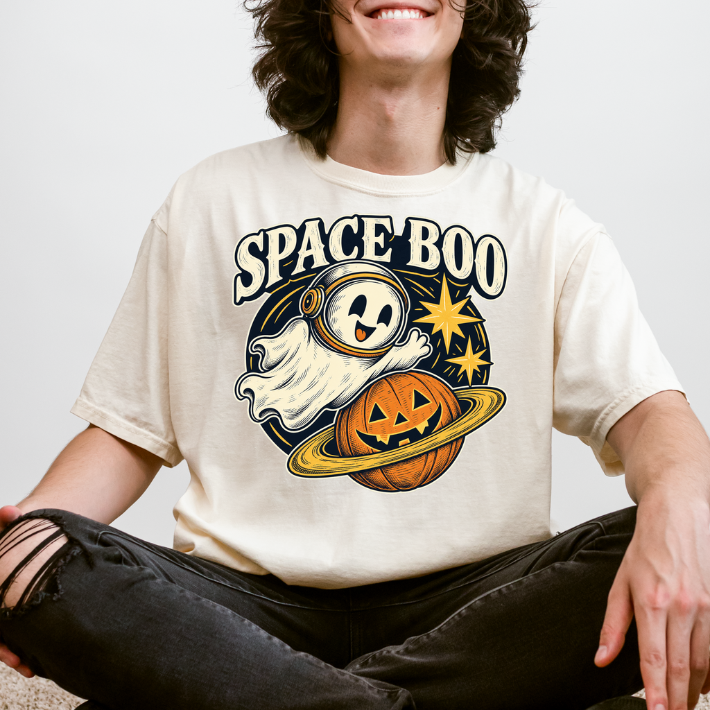 Ghost Astronaut Halloween T-Shirt, Space Boo Pumpkin Planet, Celestial Antique Line Art, Comfort Colors