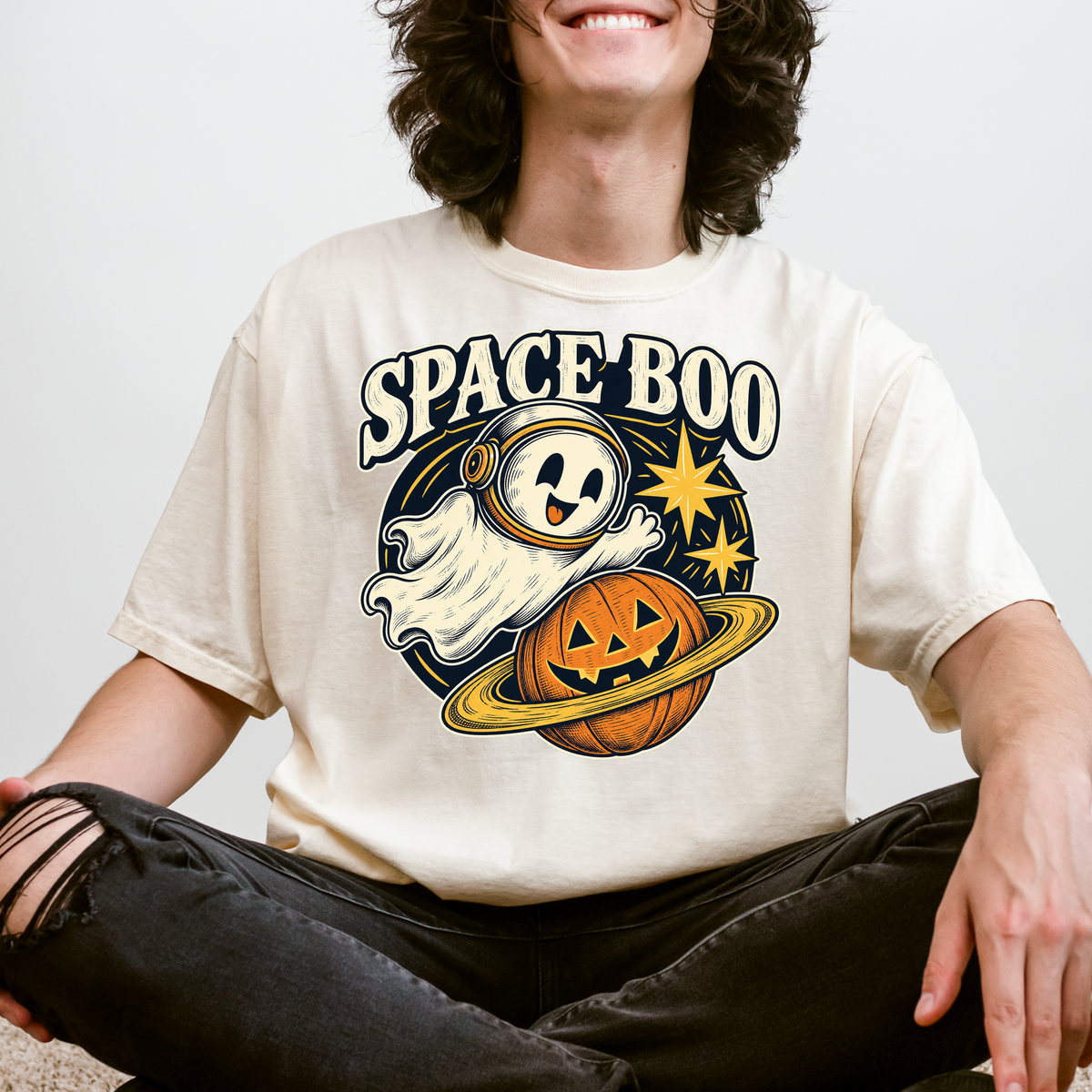 Ghost Astronaut Halloween T-Shirt, Space Boo Pumpkin Planet, Celestial Antique Line Art, Comfort Colors