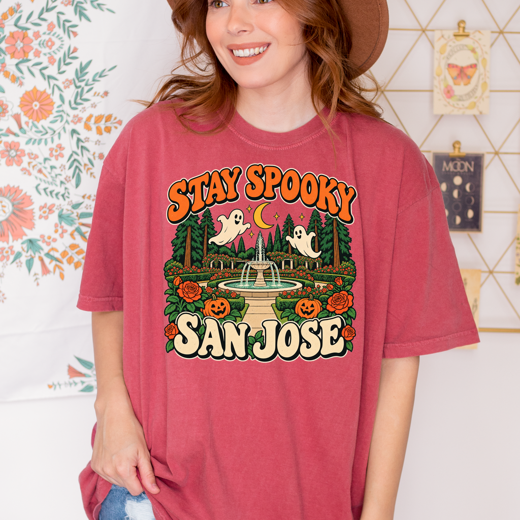 San Jose Halloween T-Shirt, San Jose Municipal Rose Garden Ghosts, Retro 1950s Cartoon, Comfort Colors California Souvenir