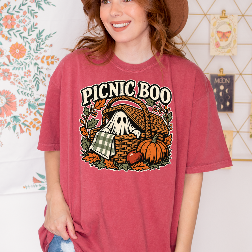 Ghost Picnic Basket Halloween T-Shirt, Picnic Boo Folk Art, Pumpkin Woodcut Illustration, Comfort Colors