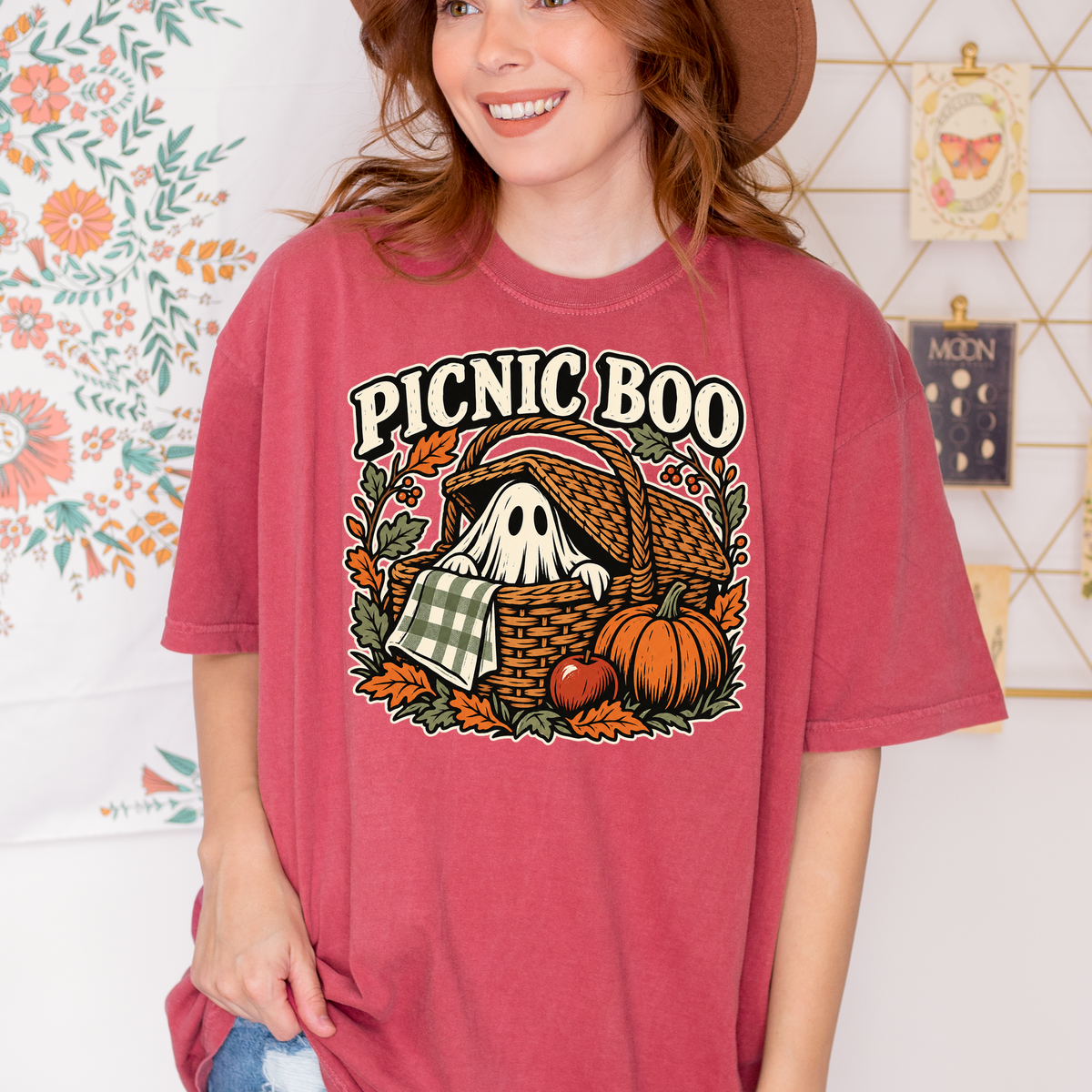 Ghost Picnic Basket Halloween T-Shirt, Picnic Boo Folk Art, Pumpkin Woodcut Illustration, Comfort Colors