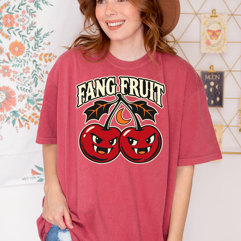 Vampire Cherry Halloween T-shirt, Fang Fruit with Bat-Shaped Leaves, Minimalist Silhouette, Comfort Colors