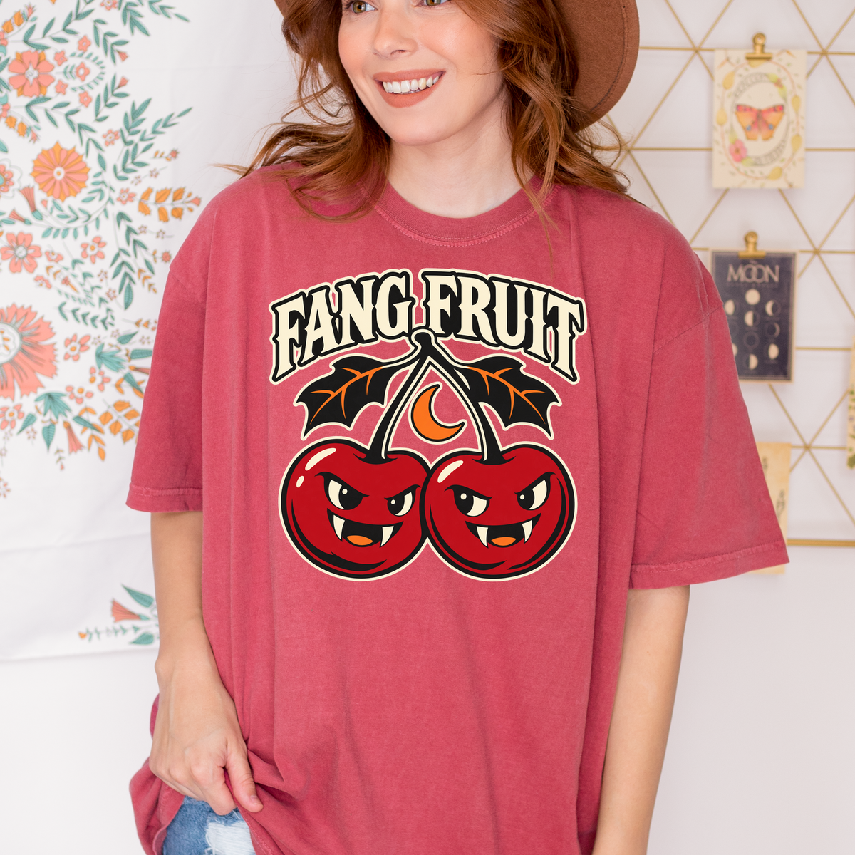 Vampire Cherry Halloween T-shirt, Fang Fruit with Bat-Shaped Leaves, Minimalist Silhouette, Comfort Colors