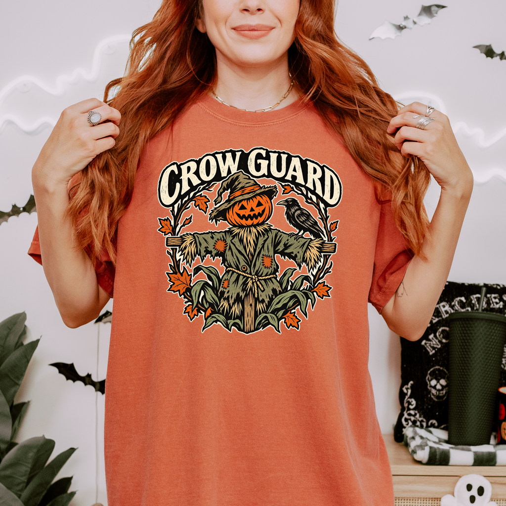 Scarecrow Halloween T-Shirt, Crow Guard Pumpkin Design, Woodcut Folk Art, Comfort Colors Spooky Season