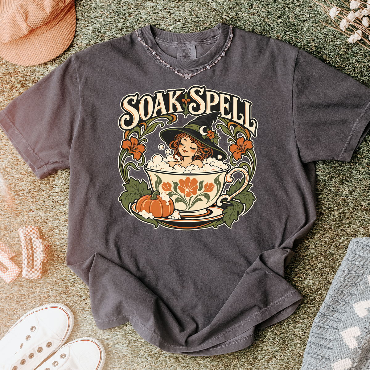 Witch Teacup Halloween T-Shirt, Soak Spell Bath, Art Nouveau Autumn Botanical, Comfort Colors, Spooky Season