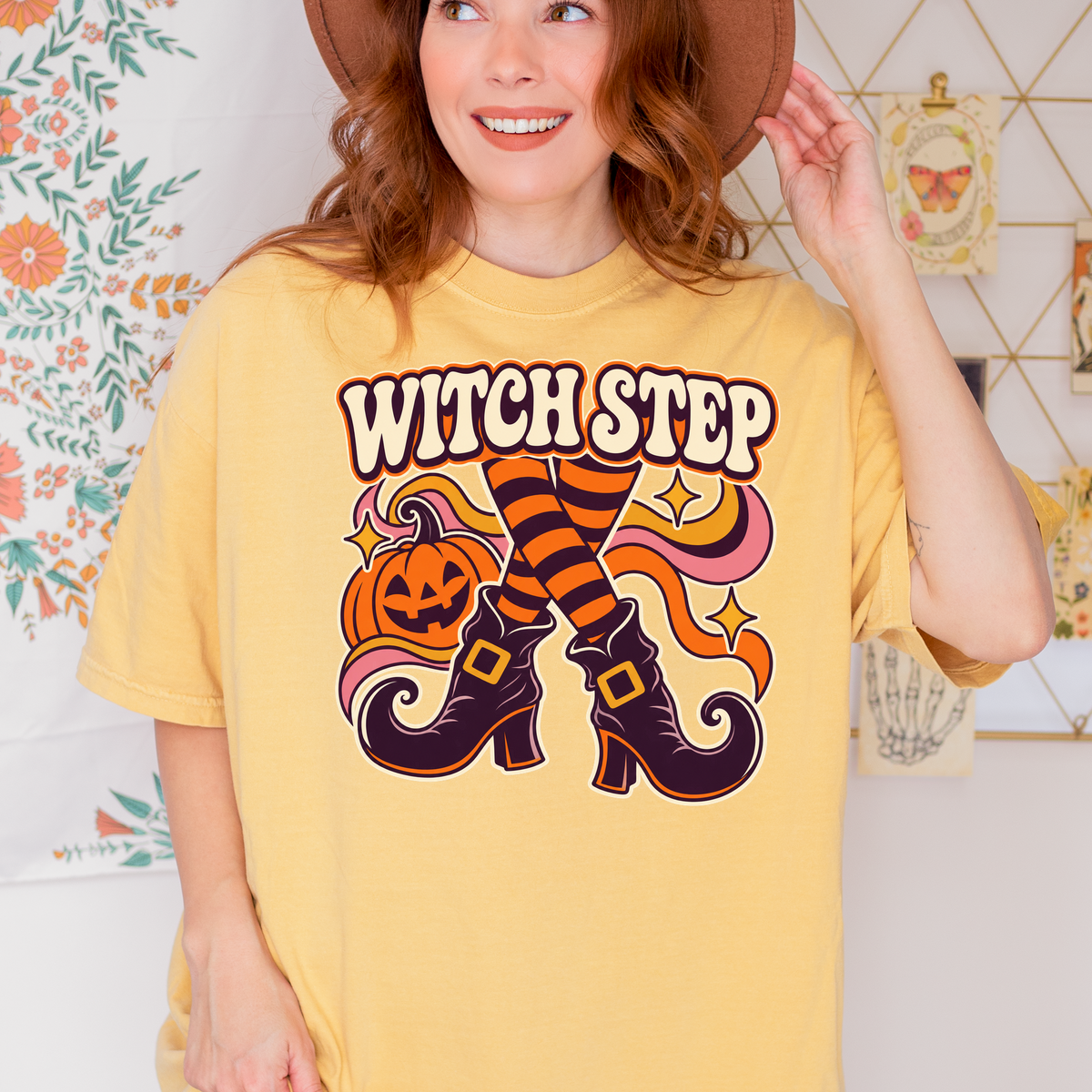 Dancing Witch Boots Halloween T-Shirt, Witch Step Pumpkin Design, 1970s Psychedelic Art, Comfort Colors