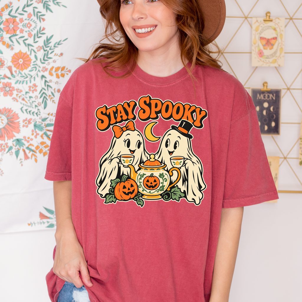 Ghost Tea Party Halloween T-Shirt, Stay Spooky Retro 1950s Cartoon, Pumpkin and Crescent, Comfort Colors