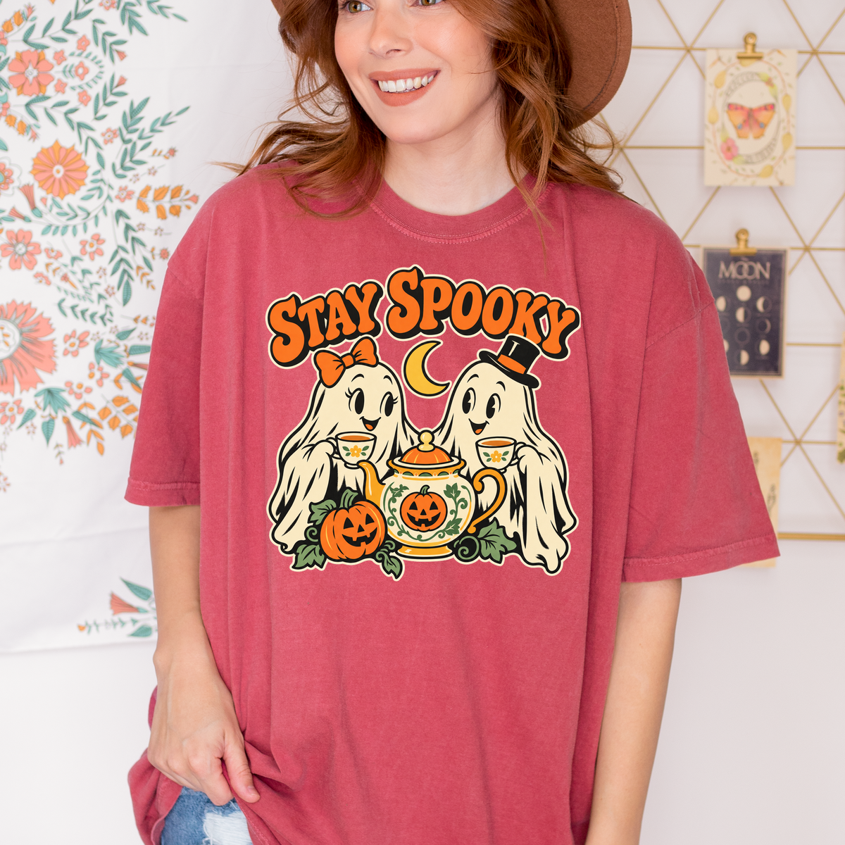 Ghost Tea Party Halloween T-Shirt, Stay Spooky Retro 1950s Cartoon, Pumpkin and Crescent, Comfort Colors