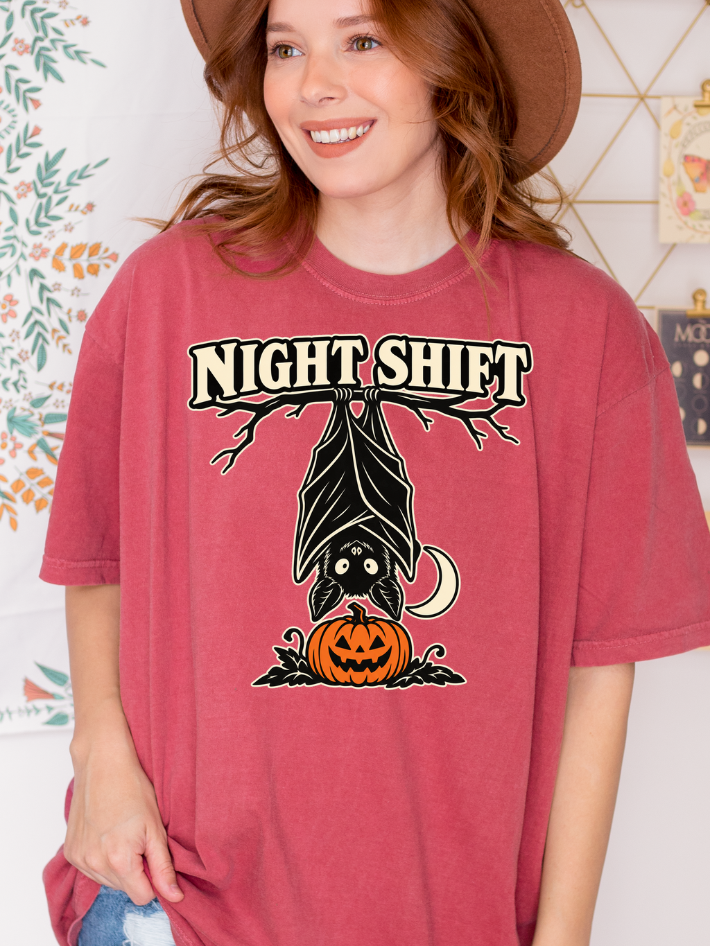Halloween T-Shirt, Hanging Bat Night Shift Art, Comfort Colors