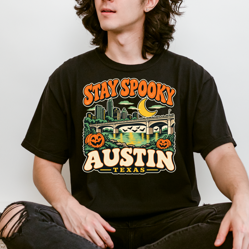 Austin Halloween T-Shirt, Congress Avenue Bridge Bats and Pumpkins, Retro Texas Souvenir, Comfort Colors