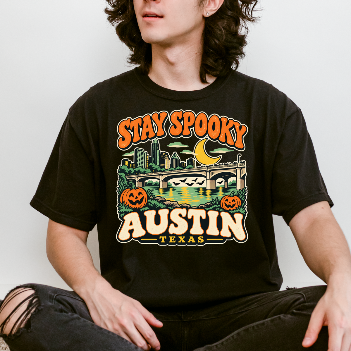 Austin Halloween T-Shirt, Congress Avenue Bridge Bats and Pumpkins, Retro Texas Souvenir, Comfort Colors