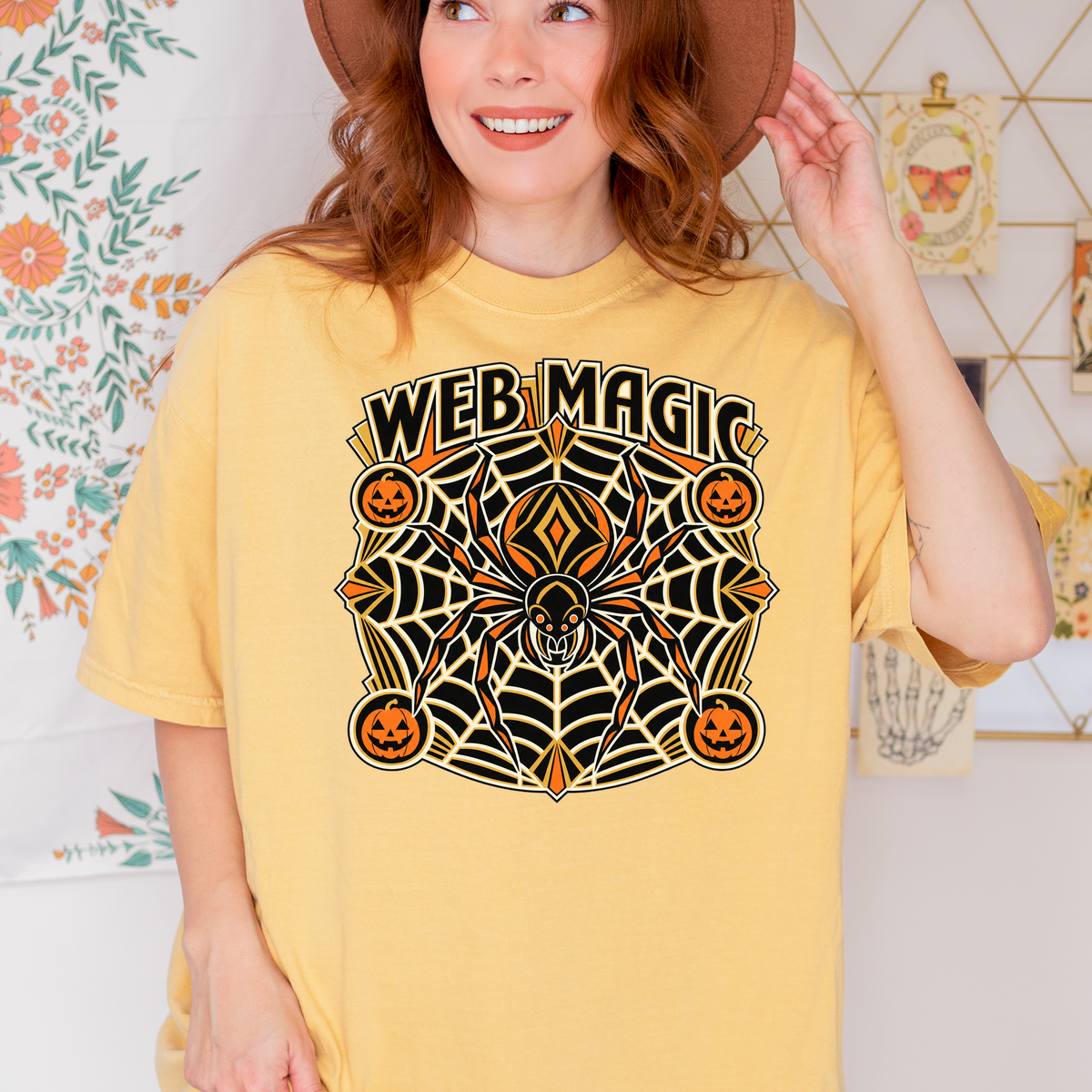 Spider Web Halloween T-Shirt, Web Magic Art Deco Mandala, Pumpkin Medallions, Comfort Colors Spooky Season