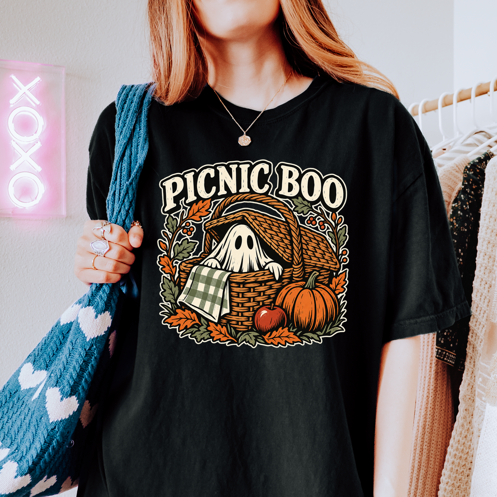 Ghost Picnic Basket Halloween T-Shirt, Picnic Boo Folk Art, Pumpkin Woodcut Illustration, Comfort Colors