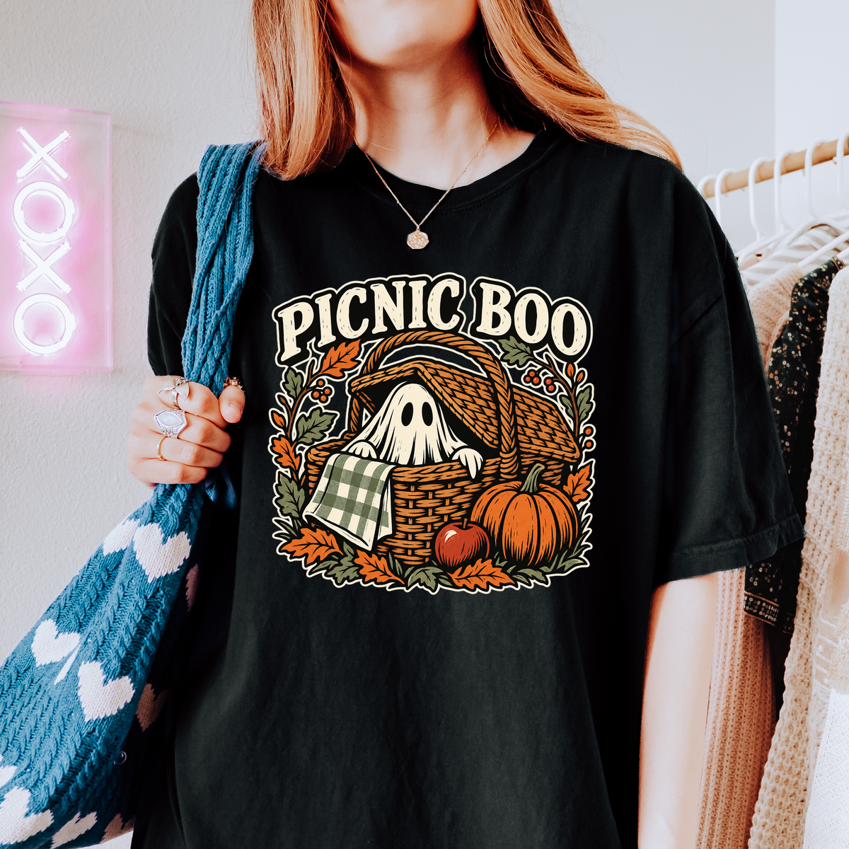 Ghost Picnic Basket Halloween T-Shirt, Picnic Boo Folk Art, Pumpkin Woodcut Illustration, Comfort Colors