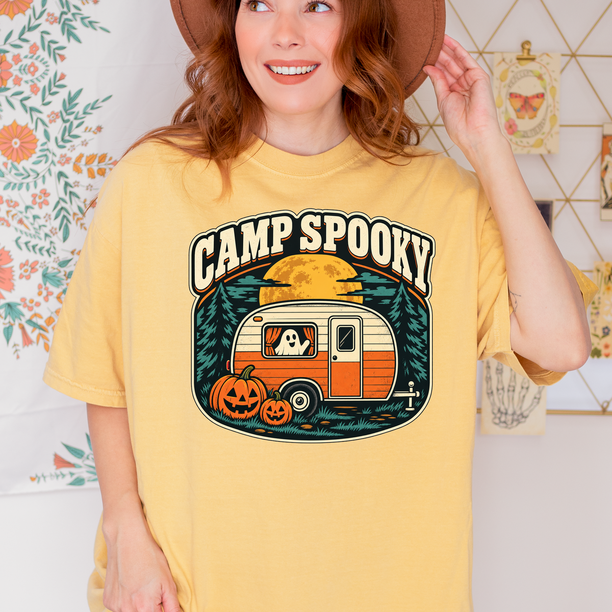 Pumpkin Camper Halloween T-Shirt, Camp Spooky Ghost Trailer, Retro Harvest Moon, Comfort Colors