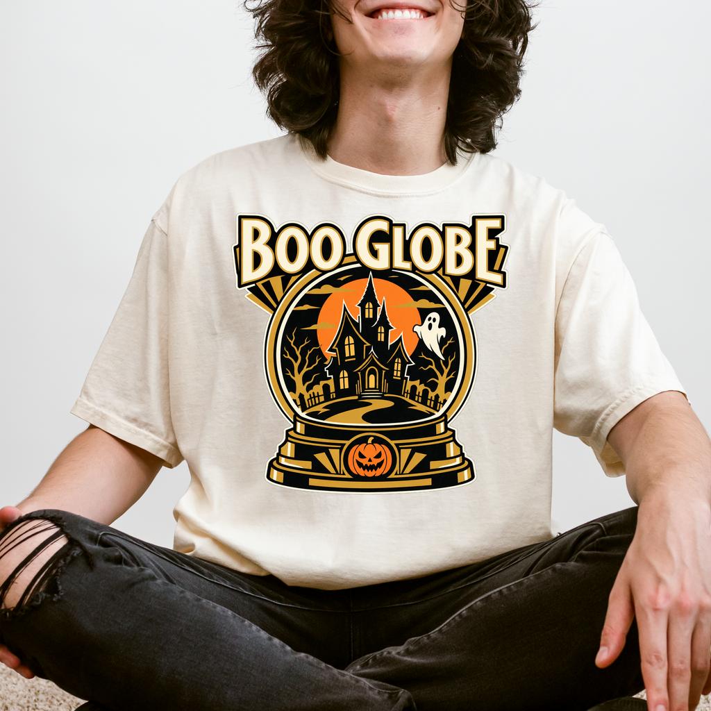 Haunted Snow Globe Halloween T-Shirt, Boo Globe Haunted House, Art Deco Pumpkin and Ghost, Comfort Colors Spooky Season