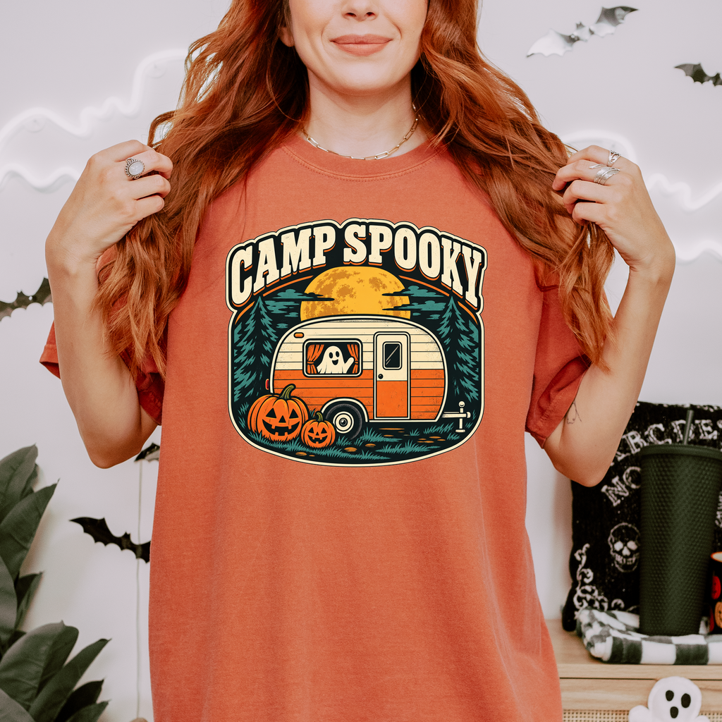 Pumpkin Camper Halloween T-Shirt, Camp Spooky Ghost Trailer, Retro Harvest Moon, Comfort Colors