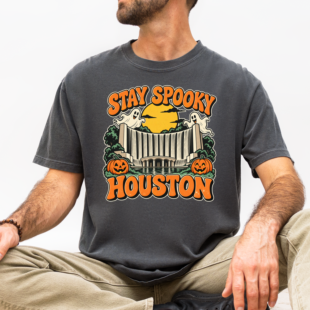 Houston Halloween T-Shirt, Gerald D. Hines Waterwall, Retro Ghost and Pumpkin Art, Comfort Colors Texas Souvenir