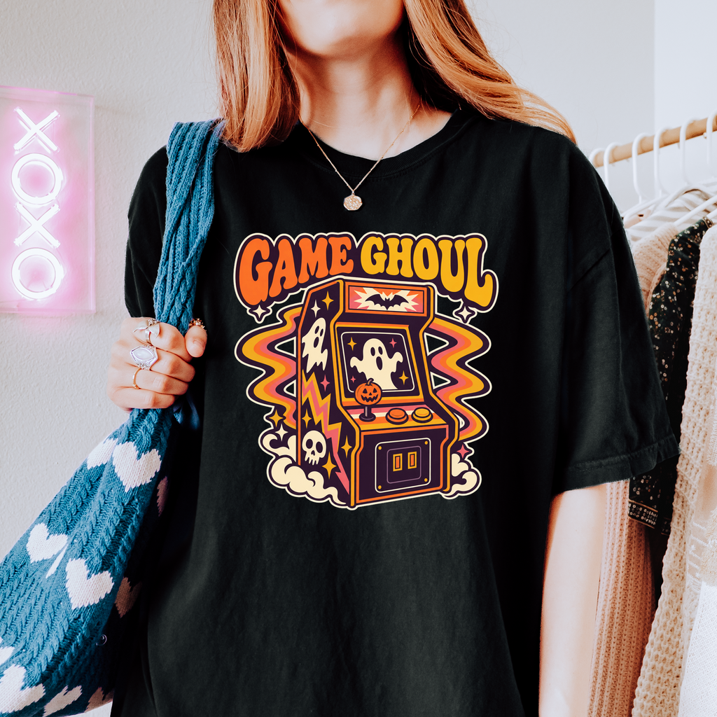 Haunted Arcade Halloween T-Shirt, Game Ghoul Cabinet, 1970s Psychedelic Pumpkin Joystick, Comfort Colors