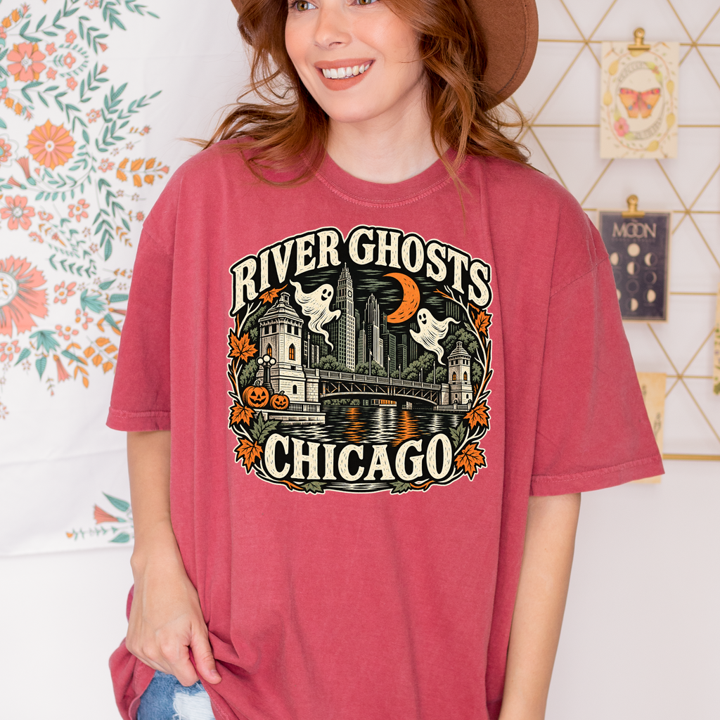 Chicago Halloween T-Shirt, DuSable Bridge River Ghosts, Comfort Colors Folk Art, Illinois Spooky Season Souvenir