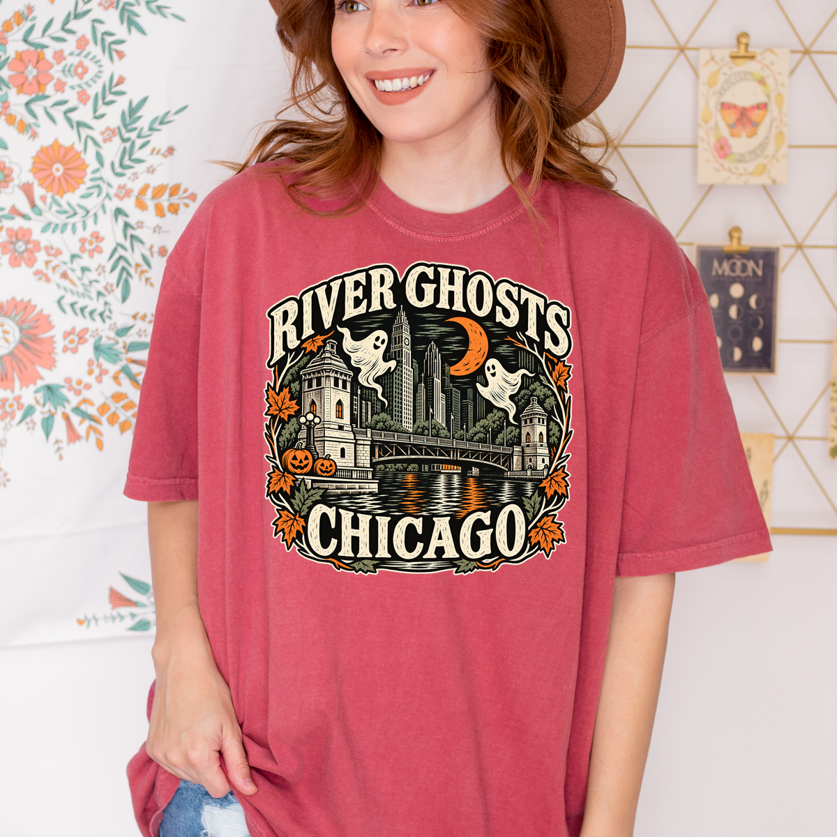 Chicago Halloween T-Shirt, DuSable Bridge River Ghosts, Comfort Colors Folk Art, Illinois Spooky Season Souvenir