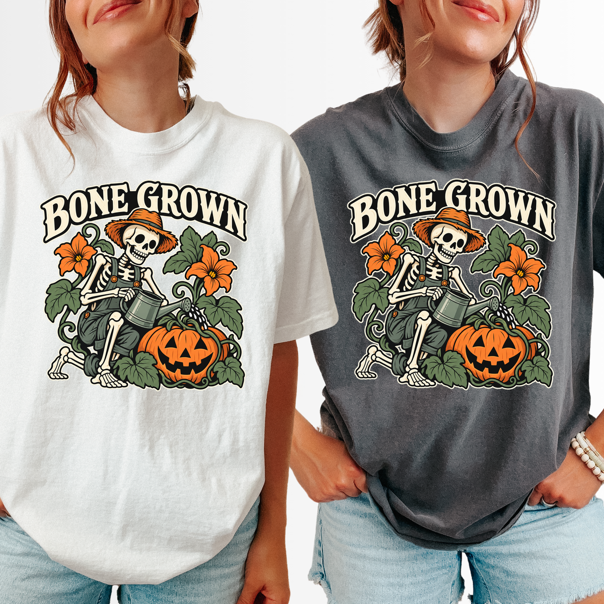 Skeleton Halloween T-Shirt, Bone Grown Pumpkin Garden Folk Art, Botanical Spooky Season Comfort Colors