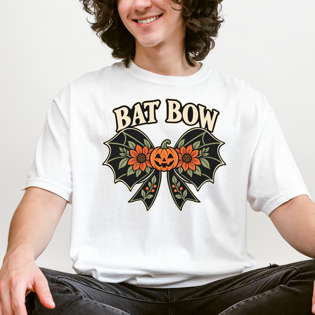 Bat Wing Bow Halloween T-Shirt, Smiling Pumpkin and Autumn Flowers, Folk Art Botanical Design, Comfort Colors
