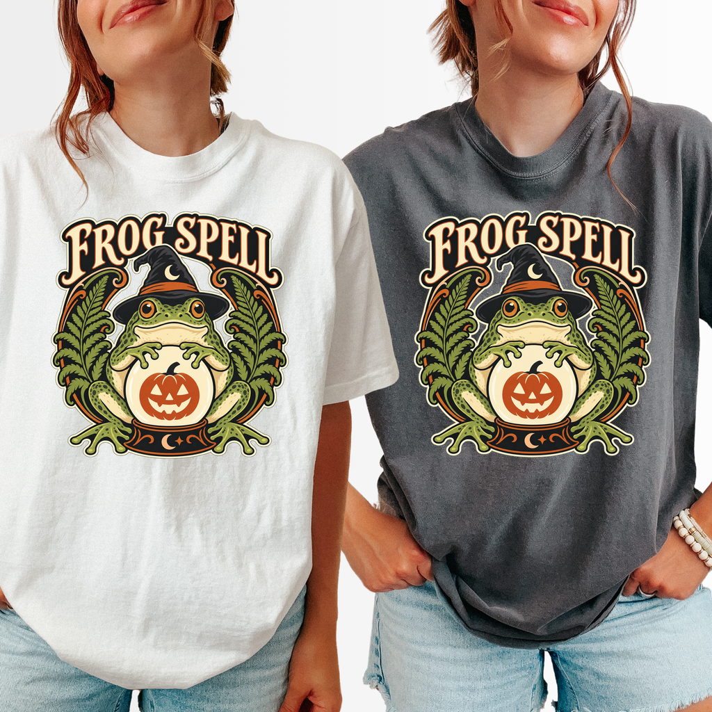 Frog Halloween T-Shirt, Fortune Teller Crystal Ball and Pumpkin, Art Nouveau Botanical Comfort Colors