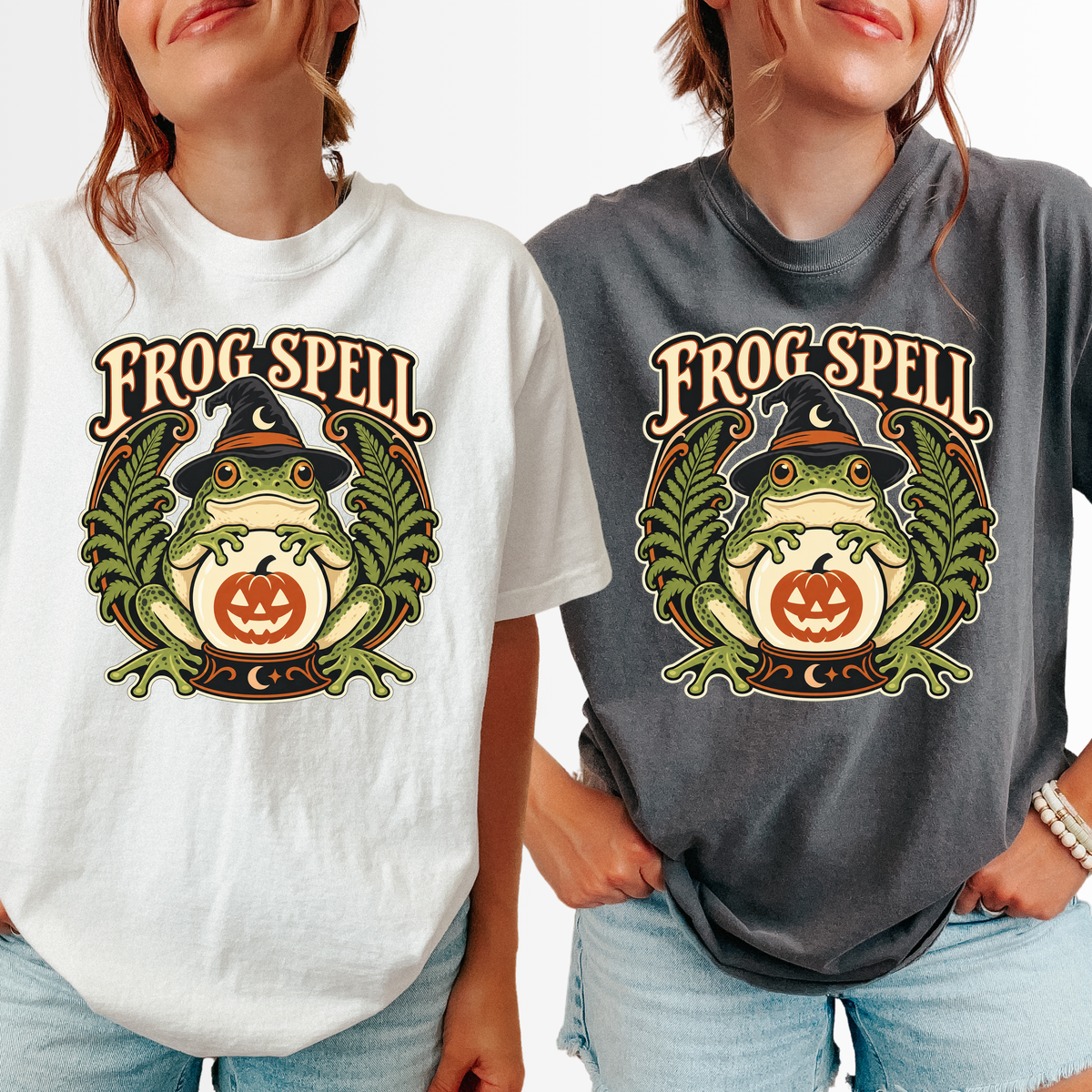 Frog Halloween T-Shirt, Fortune Teller Crystal Ball and Pumpkin, Art Nouveau Botanical Comfort Colors