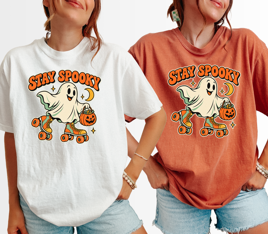 Roller Skating Ghost Halloween T-Shirt, Stay Spooky Retro Cartoon, Pumpkin Candy Bucket, Comfort Colors