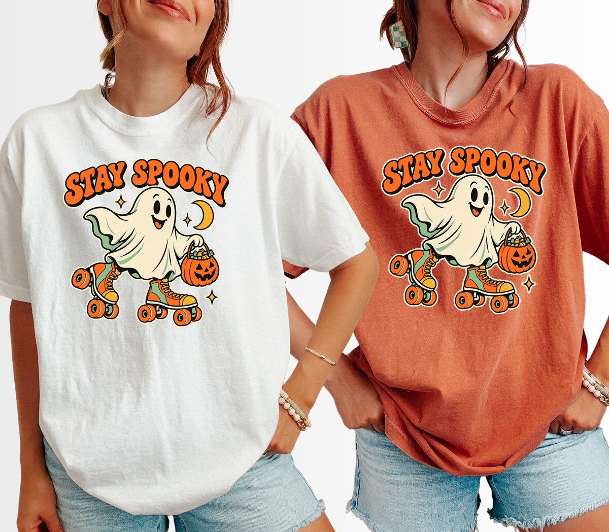 Roller Skating Ghost Halloween T-Shirt, Stay Spooky Retro Cartoon, Pumpkin Candy Bucket, Comfort Colors