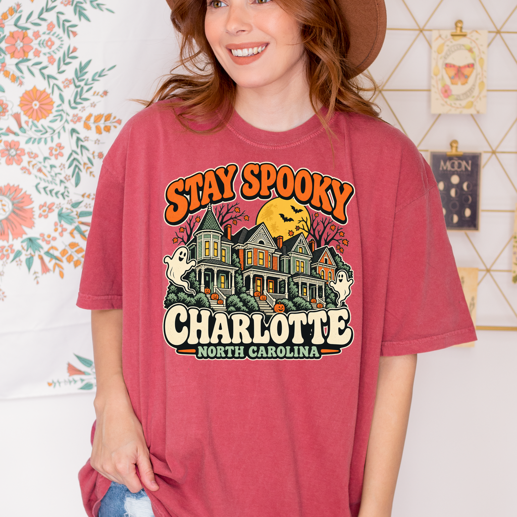 Charlotte Halloween T-Shirt, Fourth Ward Victorian Houses, Retro Ghosts and Pumpkins, Comfort Colors North Carolina