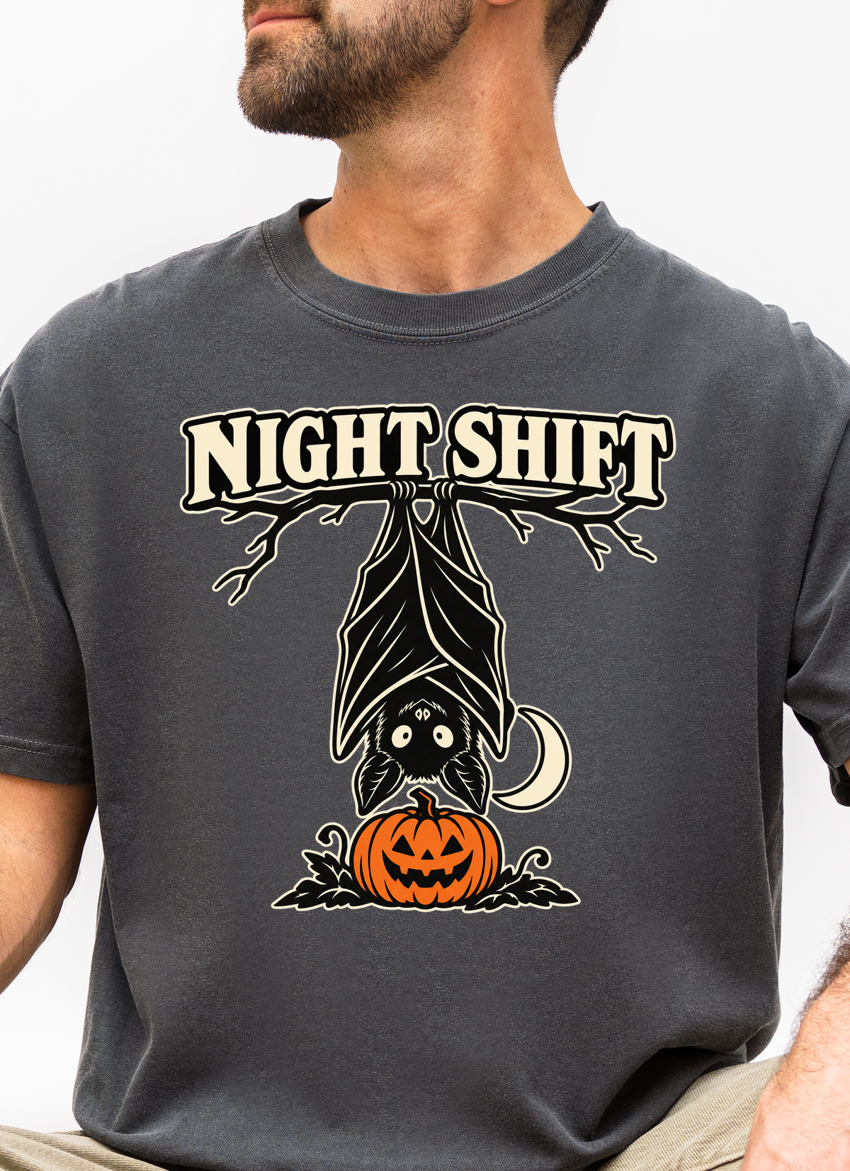 Halloween T-Shirt, Hanging Bat Night Shift Art, Comfort Colors