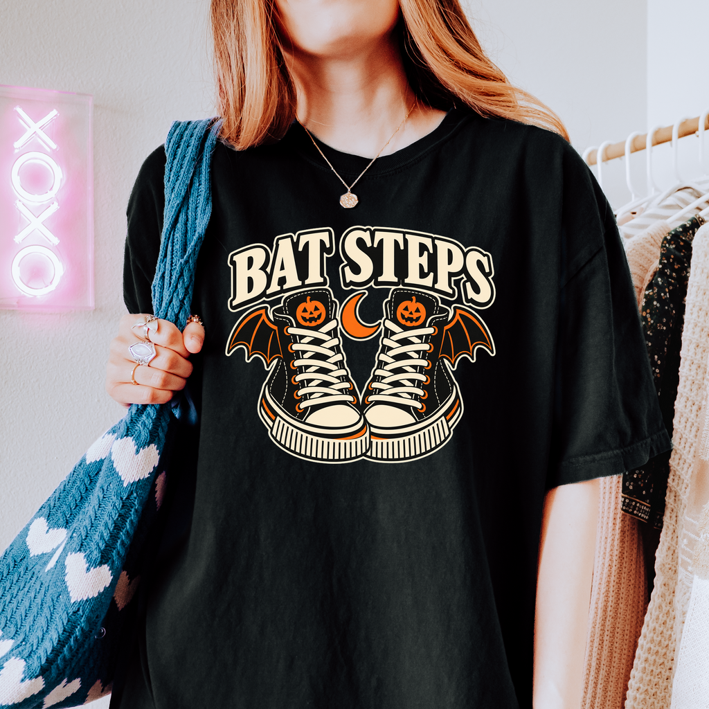 Bat Wing Sneakers Halloween T-Shirt, Bat Steps Pumpkin Design, Minimalist Spooky Season, Comfort Colors