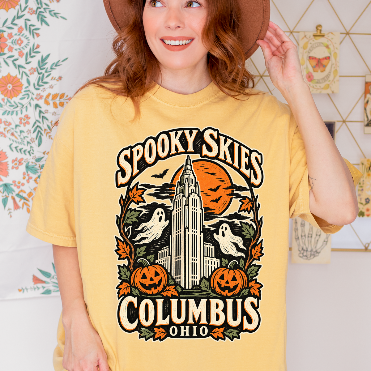 Columbus Halloween T-Shirt, LeVeque Tower Moon and Ghosts, Woodcut Folk Art, Comfort Colors Ohio Souvenir