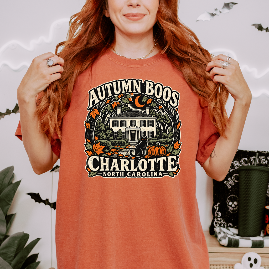 Charlotte Halloween T-Shirt, Historic Rosedale Black Cat and Pumpkin Folk Art, North Carolina Comfort Colors