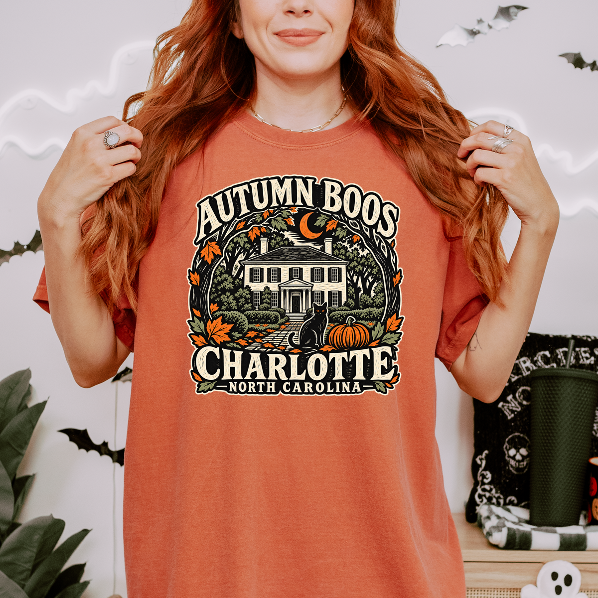 Charlotte Halloween T-Shirt, Historic Rosedale Black Cat and Pumpkin Folk Art, North Carolina Comfort Colors