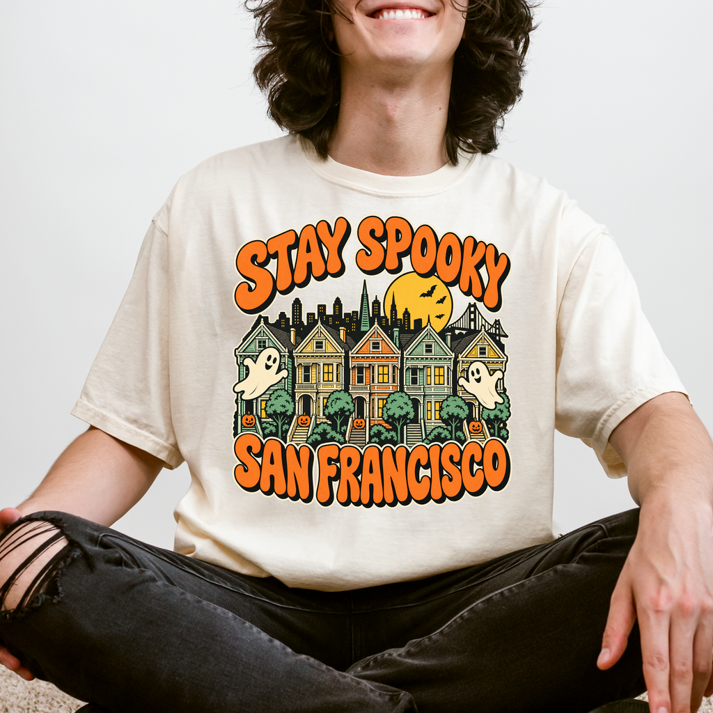 San Francisco Halloween T-Shirt, Painted Ladies Ghosts, Retro Pumpkin Art, Comfort Colors California Souvenir