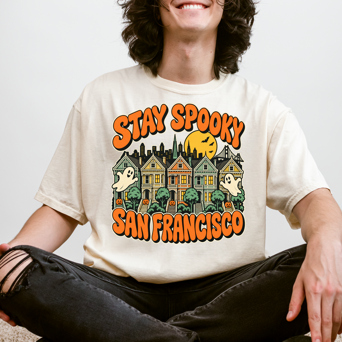 San Francisco Halloween T-Shirt, Painted Ladies Ghosts, Retro Pumpkin Art, Comfort Colors California Souvenir