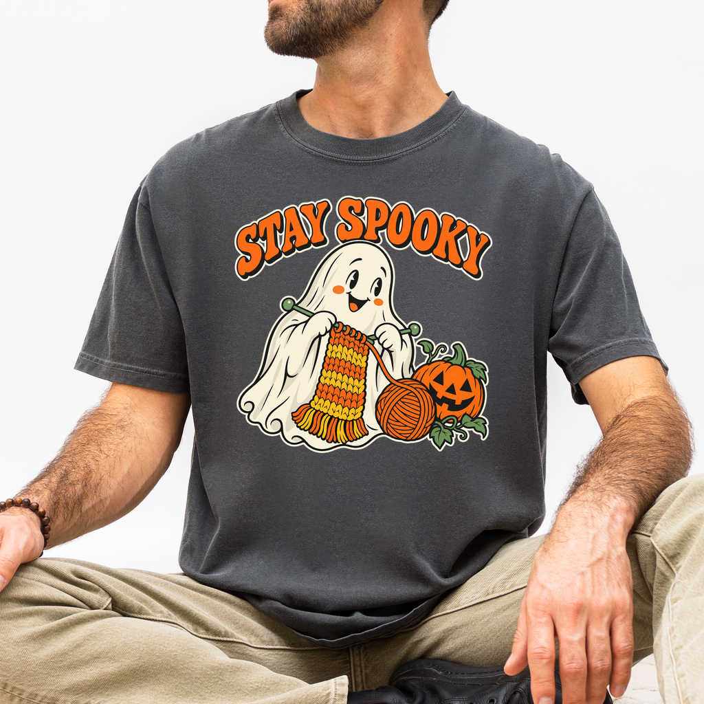 Ghost Halloween T-Shirt, Stay Spooky Knitting Design, Retro 1950s Cartoon Pumpkin, Comfort Colors