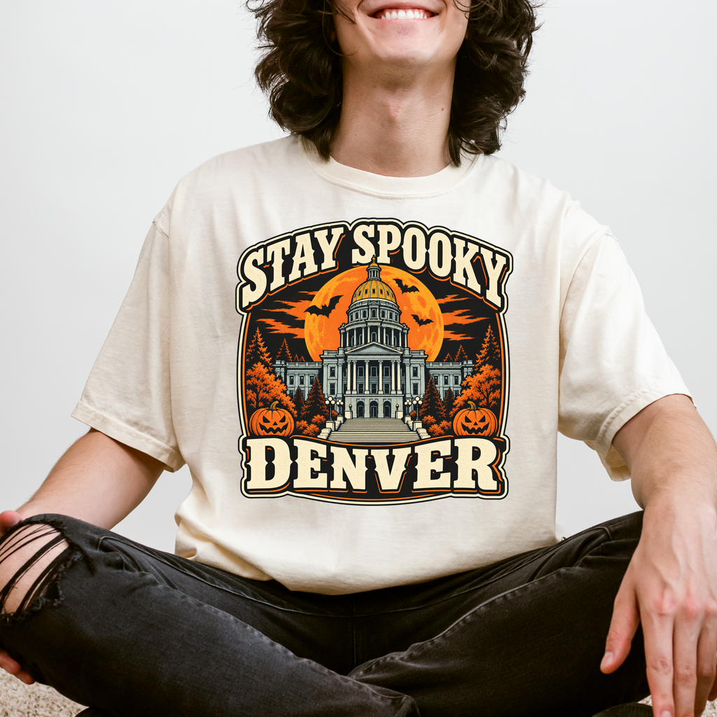 Denver Halloween T-Shirt, Colorado State Capitol, Comfort Colors Retro Pumpkin Souvenir, Spooky Season Bats